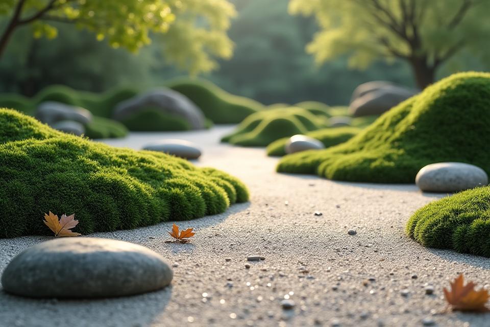 日本の美しい苔と石の禅庭、静かで穏やかな雰囲気