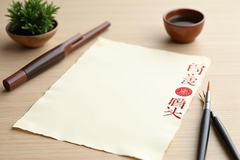 日本の美しい手漉き和紙と筆、そして伝統的な印鑑