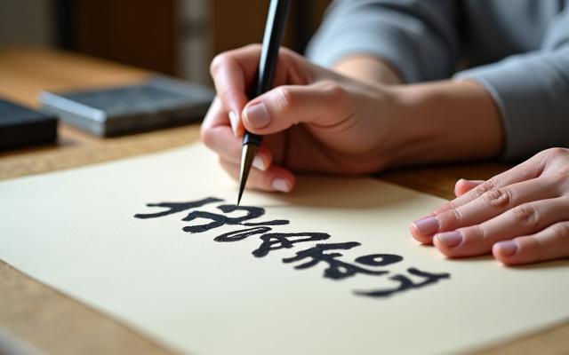 書道教室で筆を持つ日本人女性の手