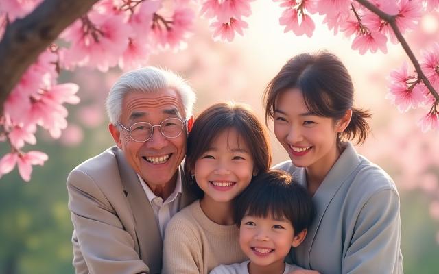 日本の桜の木の下で笑顔の多世代家族