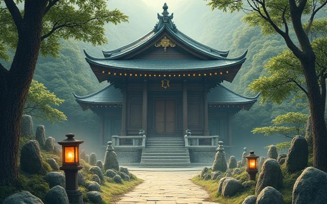 日本の古代遺跡と神話的な場所を描いた絵