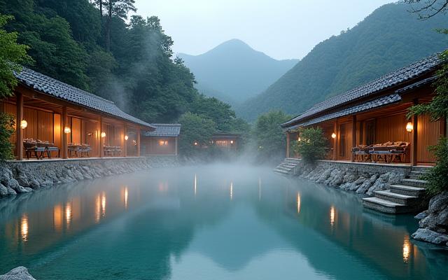 日本の山間にある静かな温泉旅館